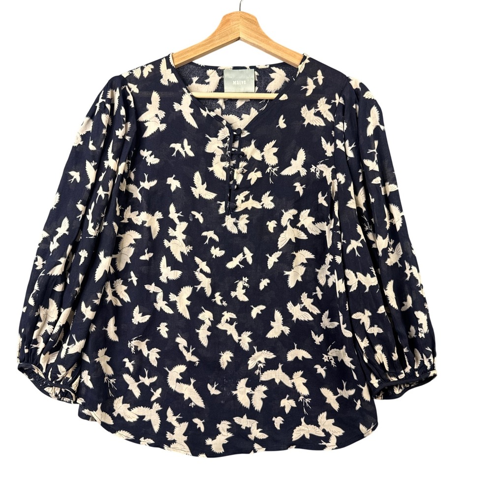 Maeve Anthropologie Navy Blue Bird Print Rayon Blouse Puff Sleeve V-Neck Size‎ 4